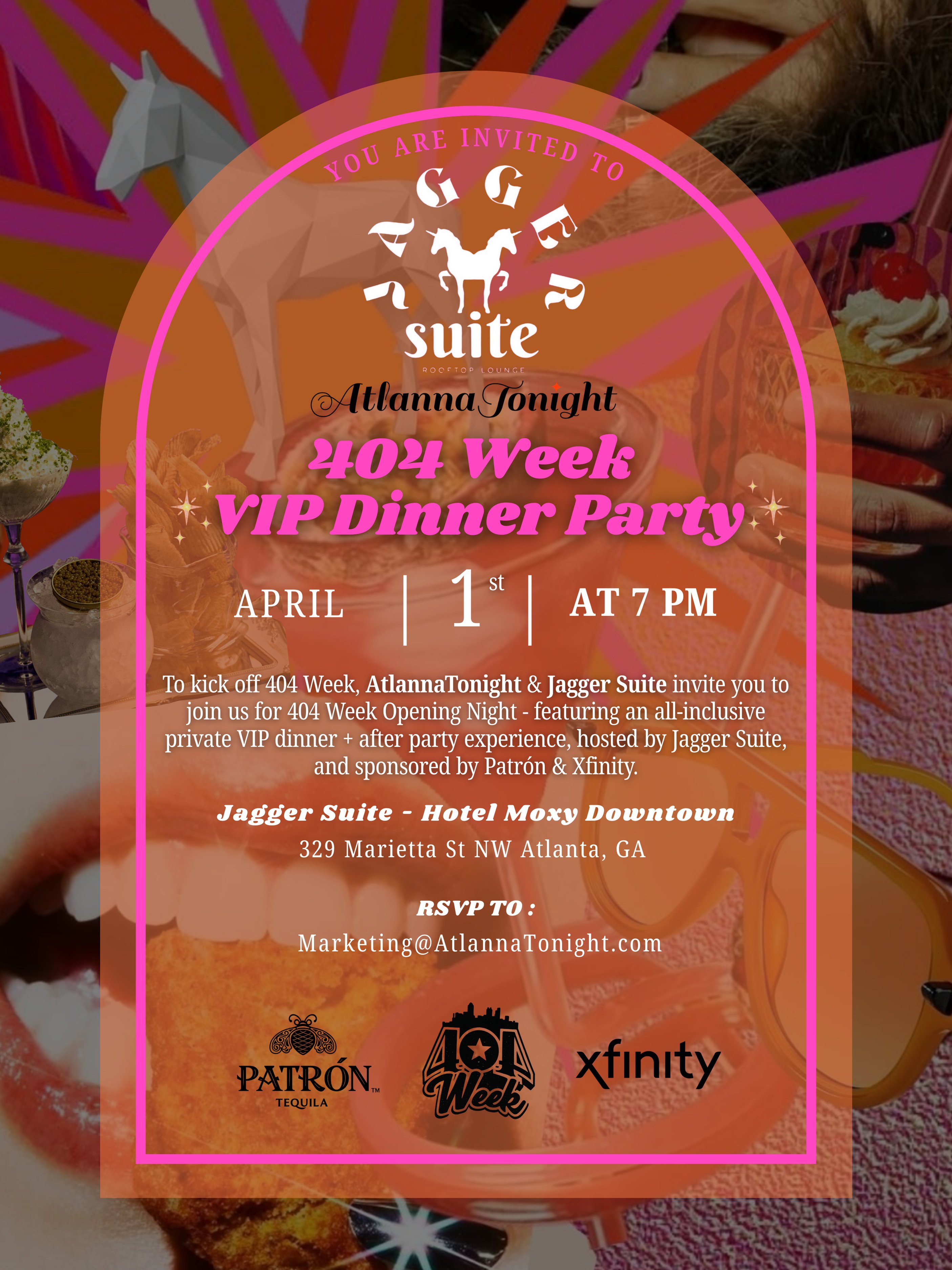 404 Week VIP Dinner Party invite — AtlannaTonight x Jagger Suite, Hotel Moxy Downtown