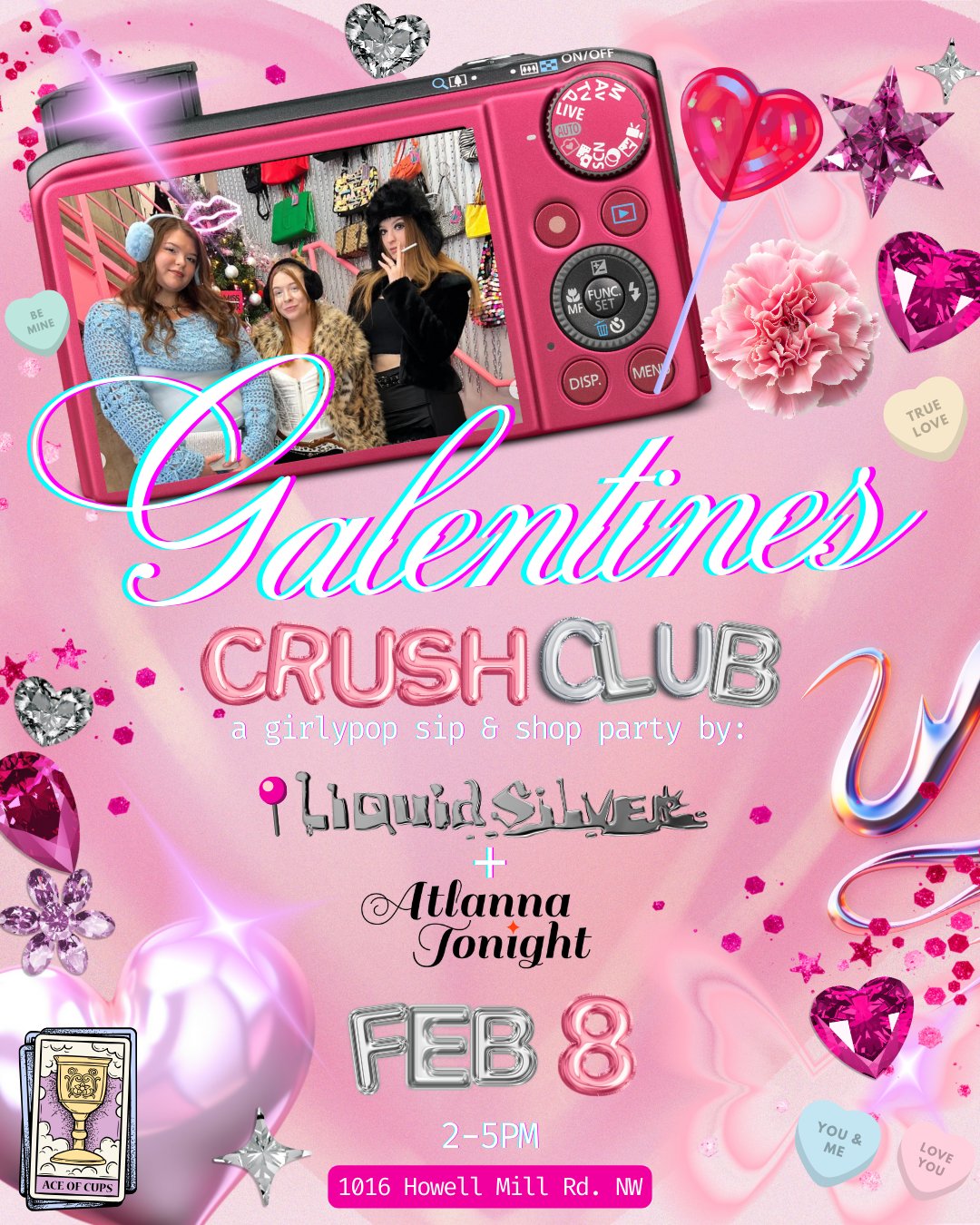 Galentine's Crush Club flyer — AtlannaTonight x Liquid Silver, Feb 8